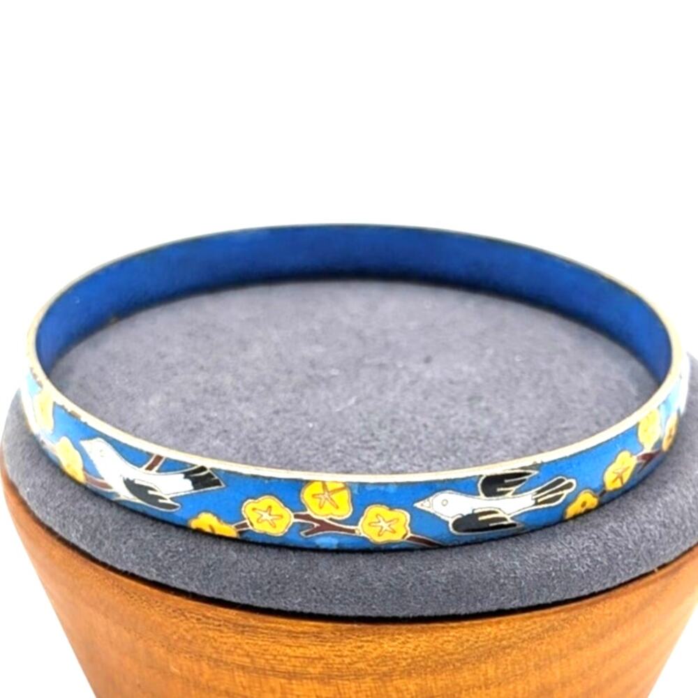 Vintage Blue Enamel Flying Bird Yellow Flower Cloisonne Bangle Bracelet